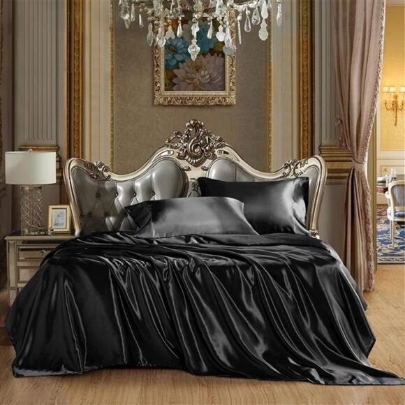 Satin Sheets Queen Size - 4 Piece Black Bed Sheet Set with Silky Microfiber - Picture 3 of 7
